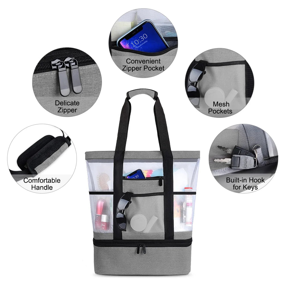 Gray Mesh Beach Tote with Zipper and Detachable Cooler A228223
