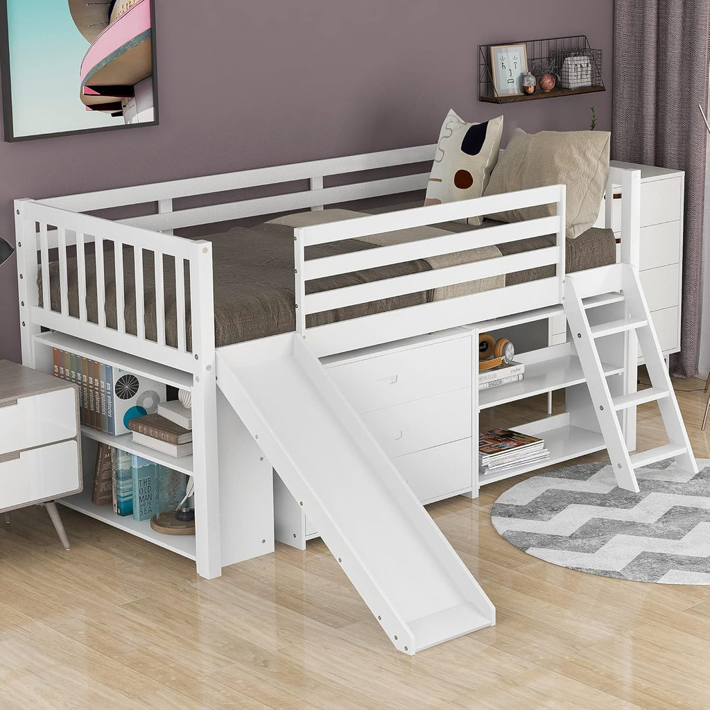 Twin Loft Bed with Desk and Cabinet Wooden Bunk Bed N1571