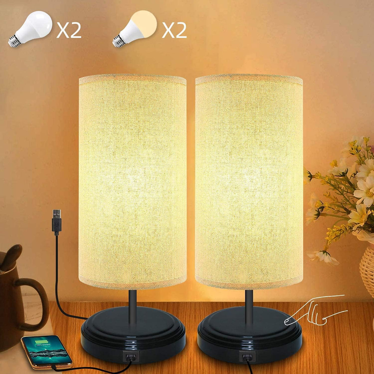 Touch Sensor Bedside Lamp Set of 2, Dimmable Table Lamp with Square Linen Fabric Shade, 4 LED Bulbs Included, Low Voltage Minimalist Nightstand Lamp M212514