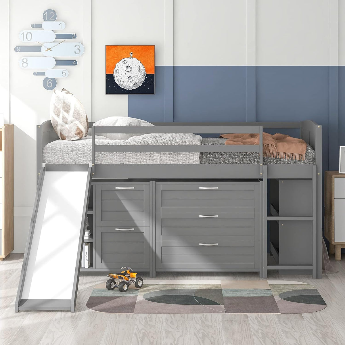 Twin Loft Bed with Desk and Cabinet Wooden Bunk Bed N1571