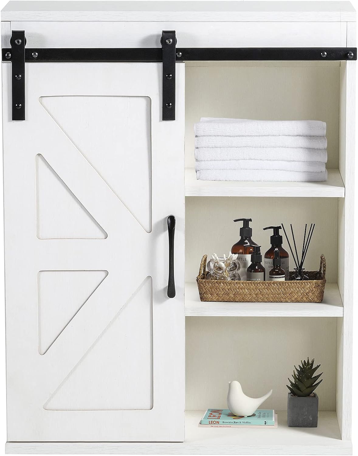 Rustic Wooden Wall Mounted Storage Cabinet with Sliding Barn Door (Washed Oak) R221964