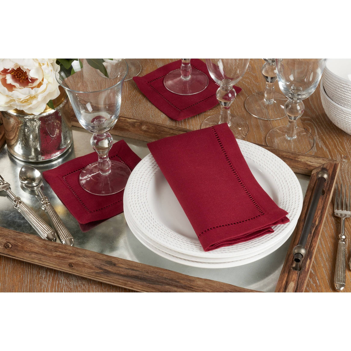 Burgundy Hemstitch Border Dinner Napkin Set of 12 E515