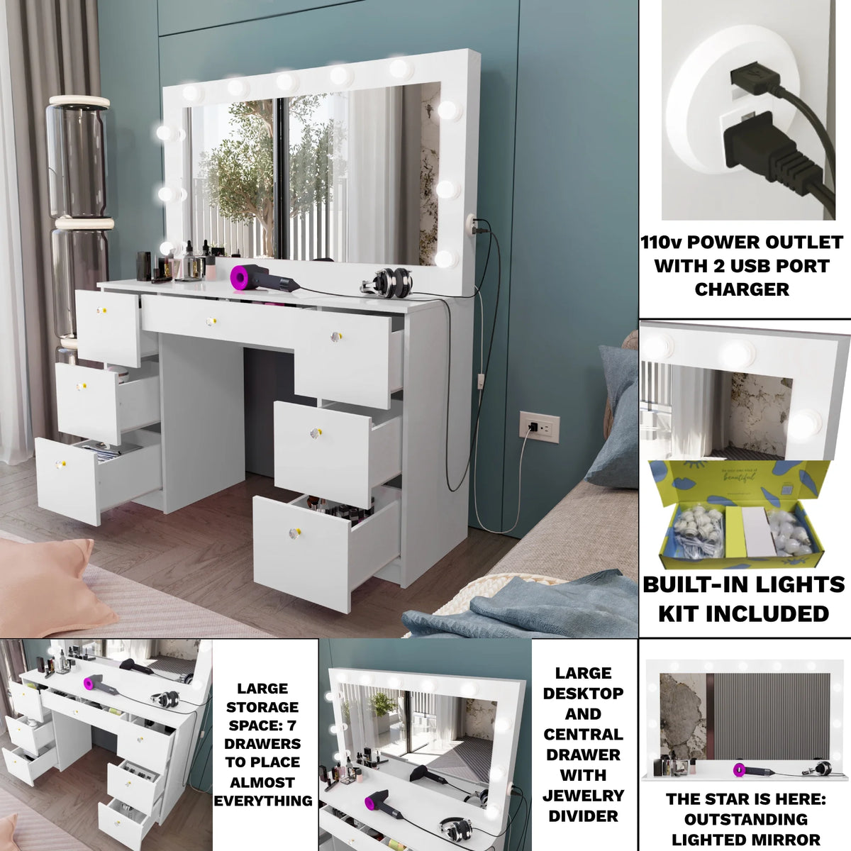 White Modern Makeup Vanity with Lights N5031