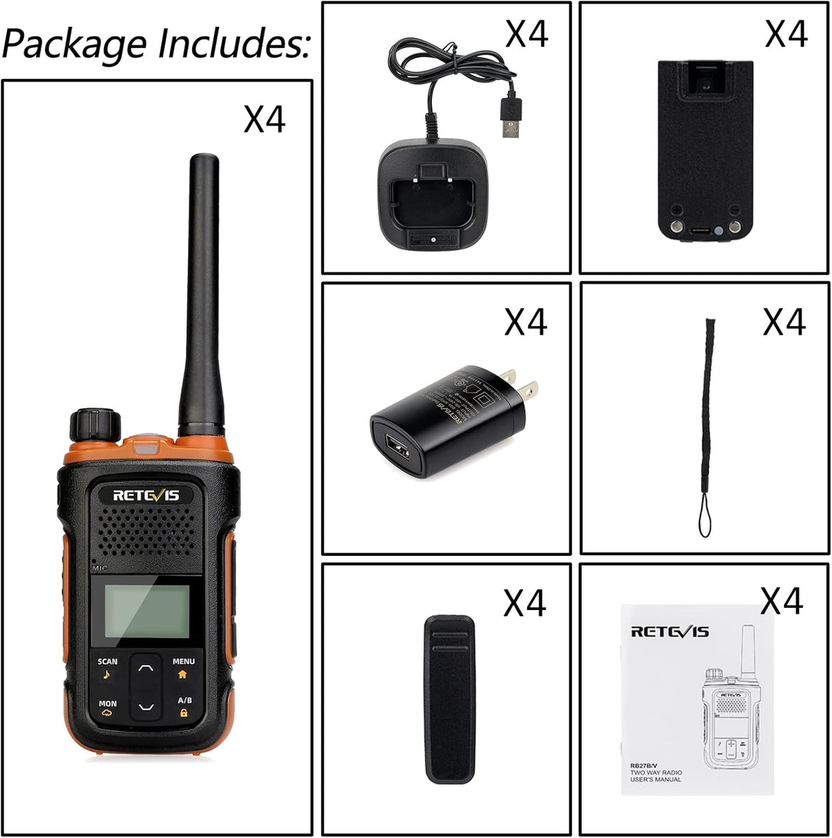 4 Pack Rechargeable 2 Way Radio with LCD Screen J3784