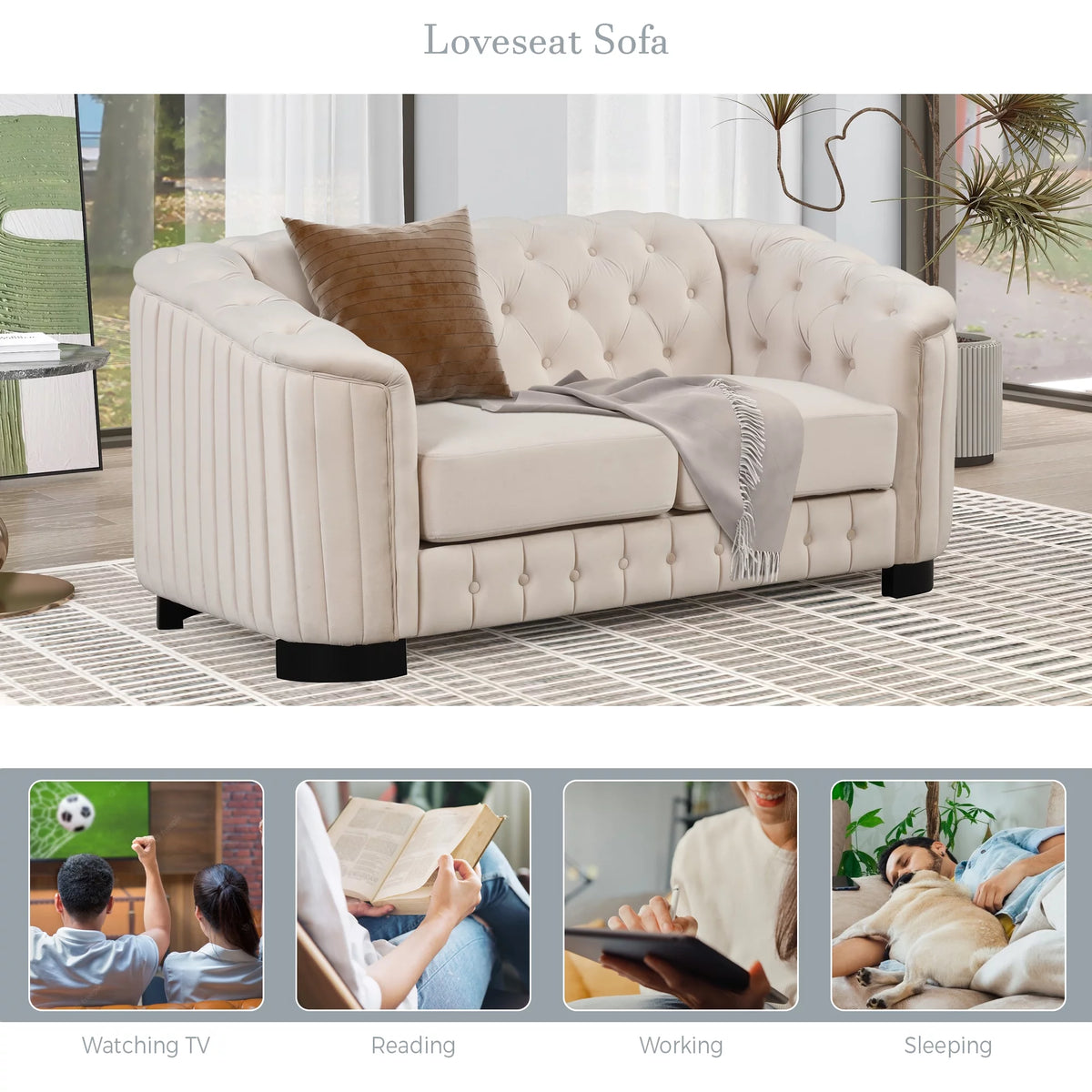 64" Beige Velvet Upholstered Loveseat Sofa C59214