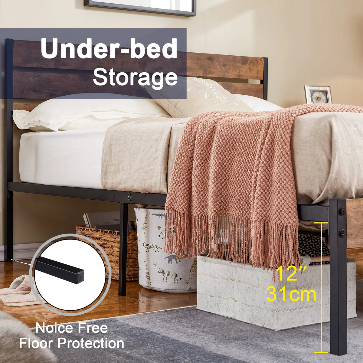 Queen Bed Frame with Wooden Headboard and Metal Slats J50116