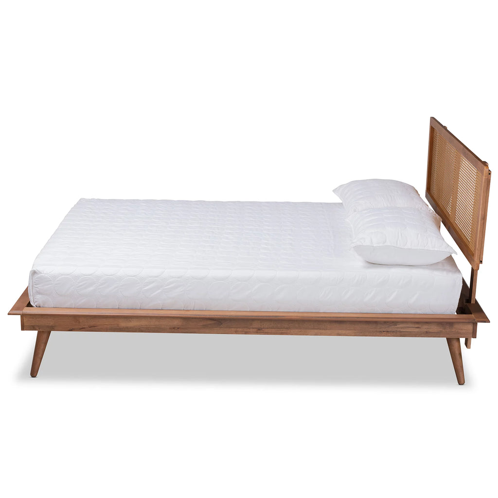 Walnut Brown Wood and Synthetic Rattan Full Size Platform Bed L905