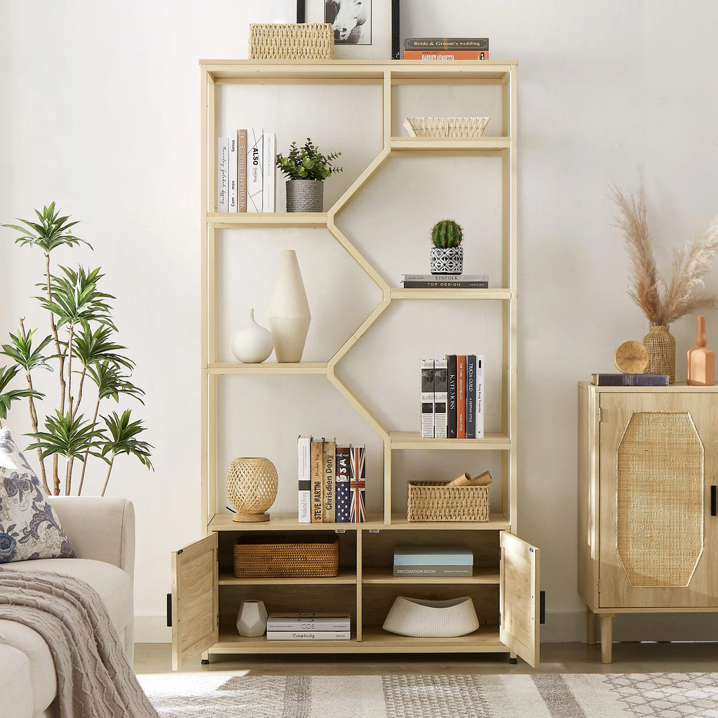 7 Tiers Wood Bookcase with Cabinet and Rattan Door W43080
