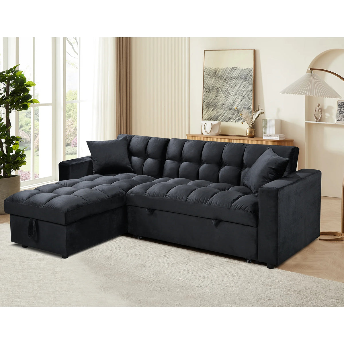 84" Black Velvet Convertible Sleeper Sofa with Storage Chaise K6691
