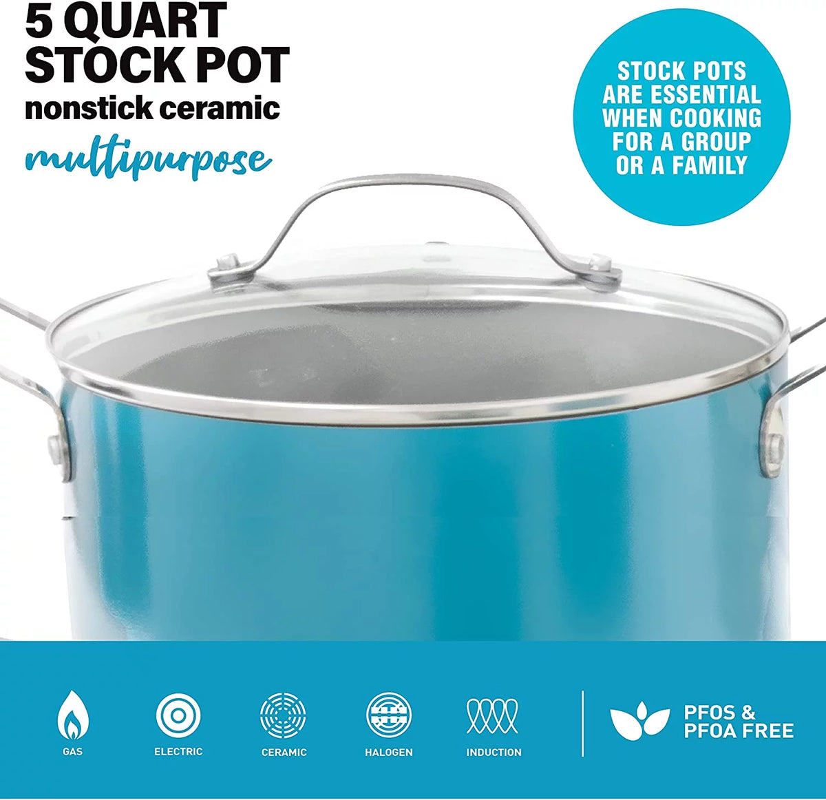 Aqua Blue Nonstick 5 Quart Stock Pot with Glass Lid K9728