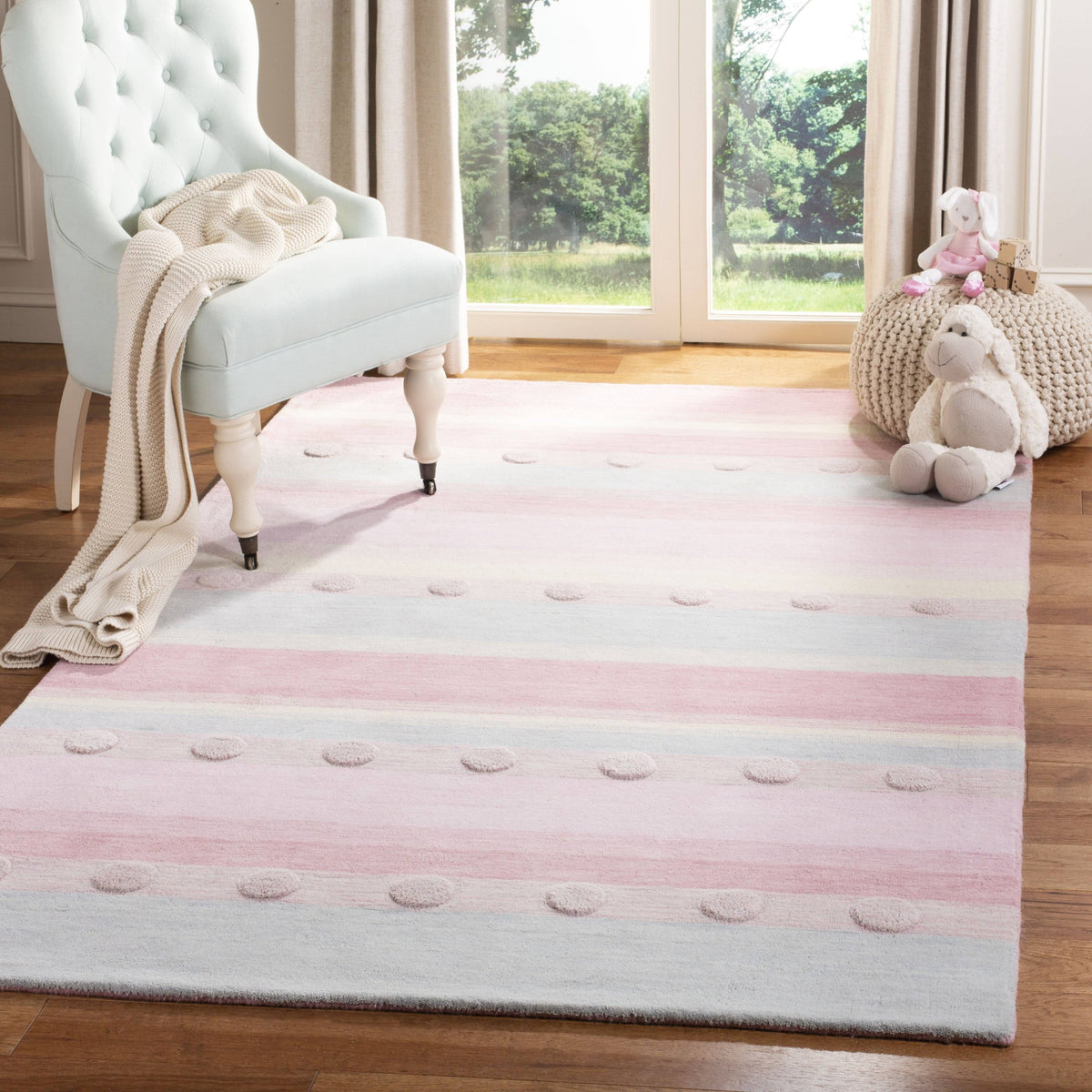Light Blue / Pink Square Kids Rug U9108