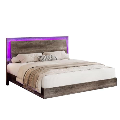 Rustic Grey Full Size Platform Bed Frame with Headboard and LED Light P580464