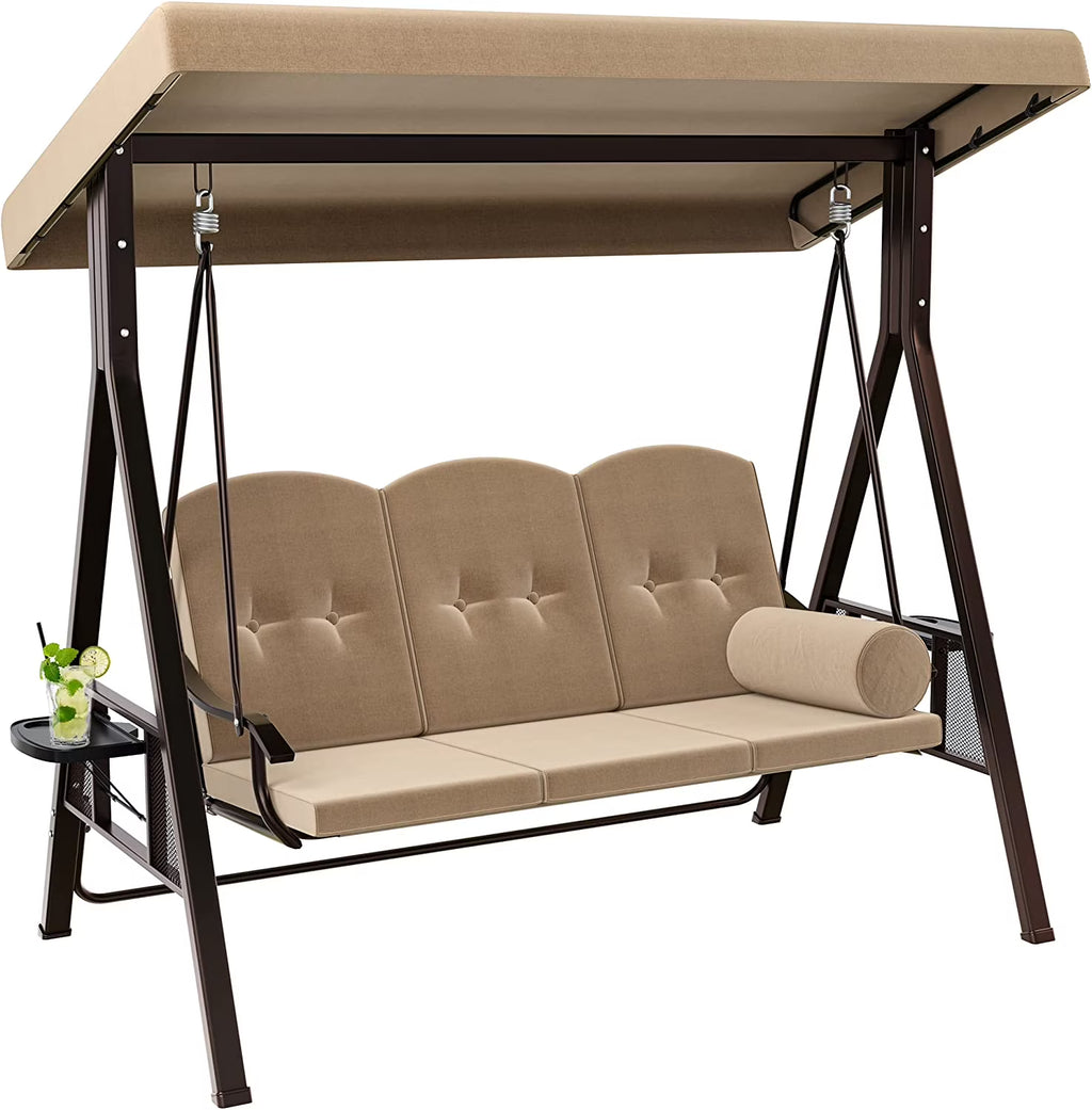 Brown 3-Seat Steel Frame Porch Swing with Canopy and Cushions K9686