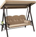 Brown 3-Seat Steel Frame Porch Swing with Canopy and Cushions K9686