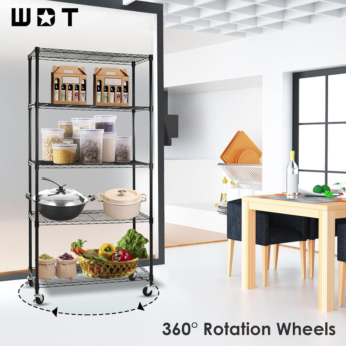 Black 5-Shelf Heavy Duty Metal Wire Shelving Unit on Wheels P72981
