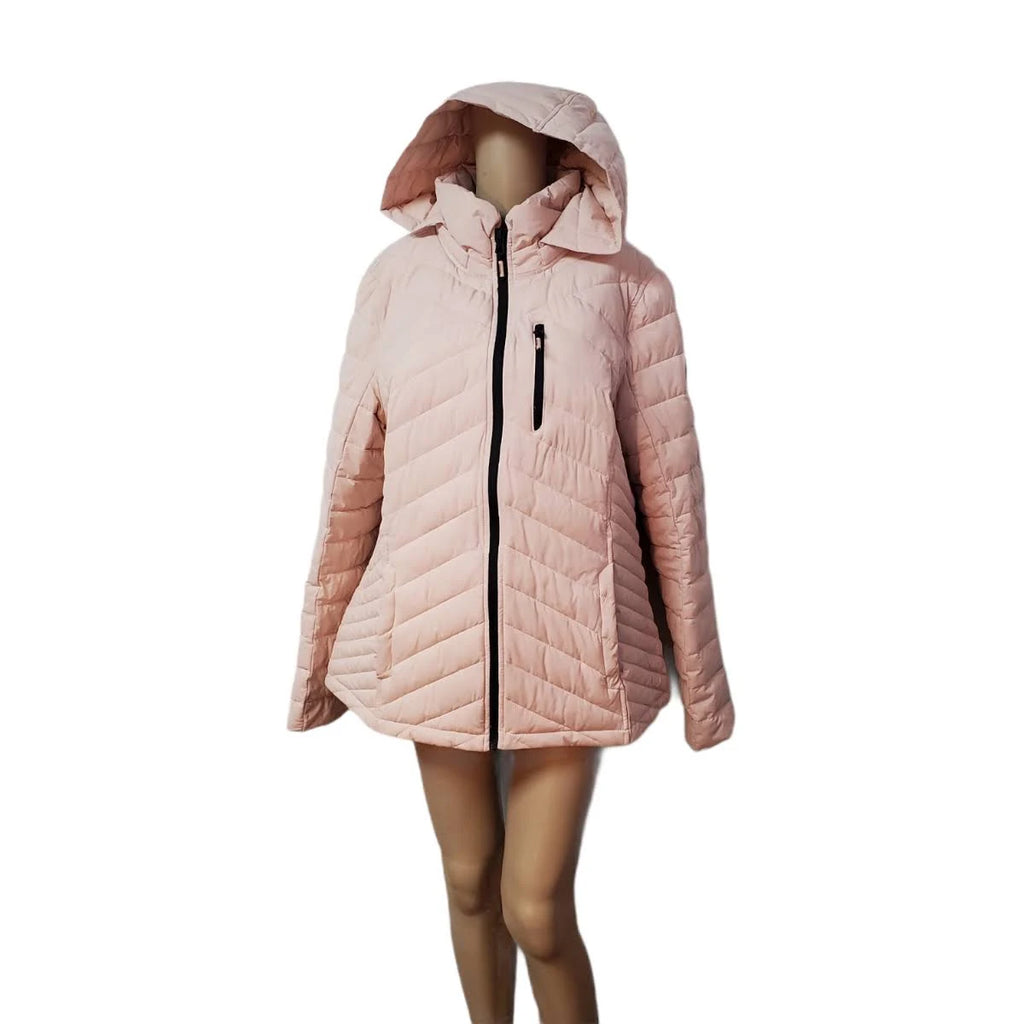 Rose Smoke Pink Hooded Polyester Puffer Coat Y23873