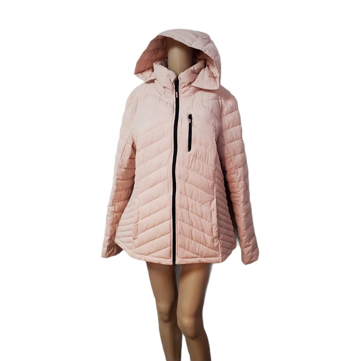 Rose Smoke Pink Hooded Polyester Puffer Coat Y23873