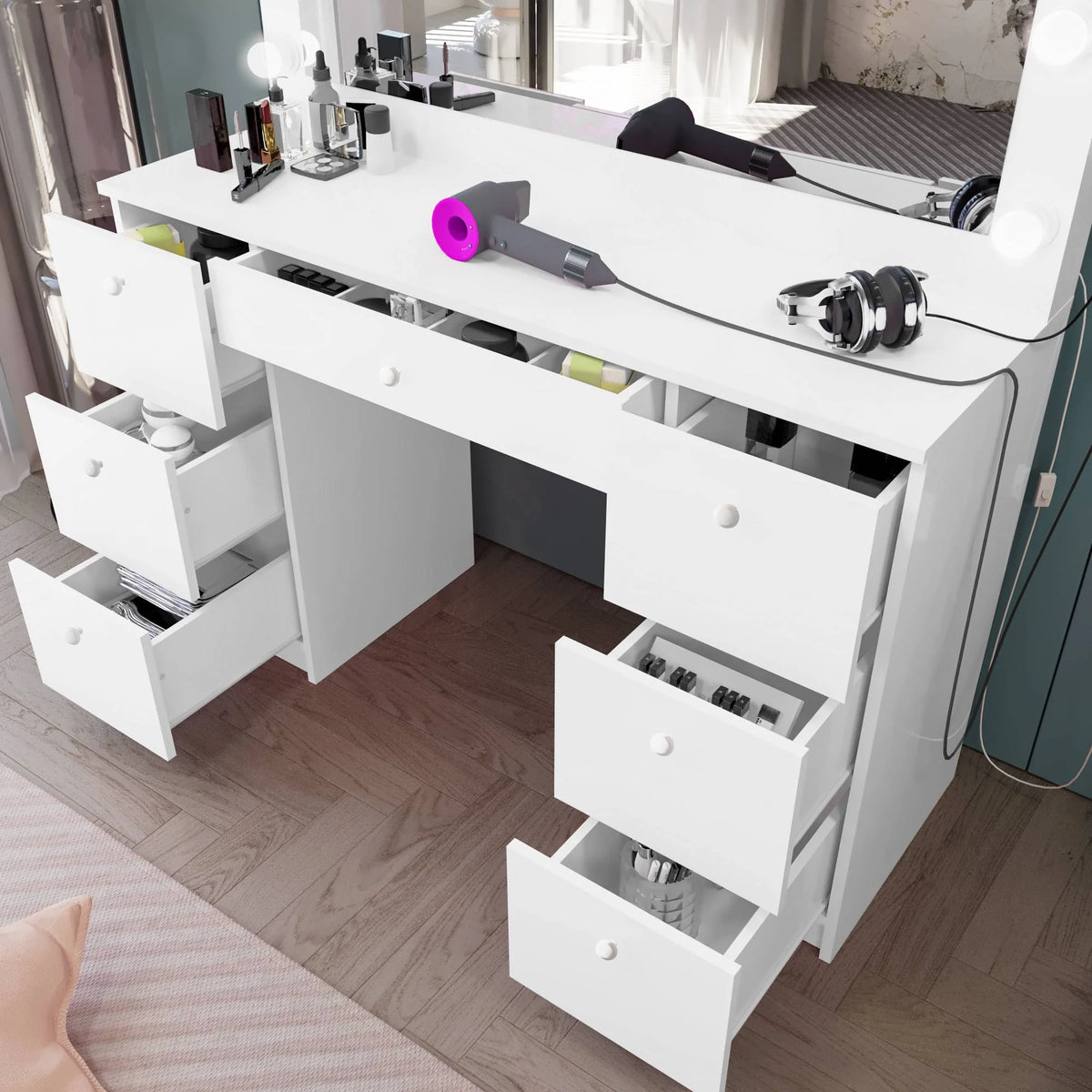 White Modern Makeup Vanity with Lights N5031