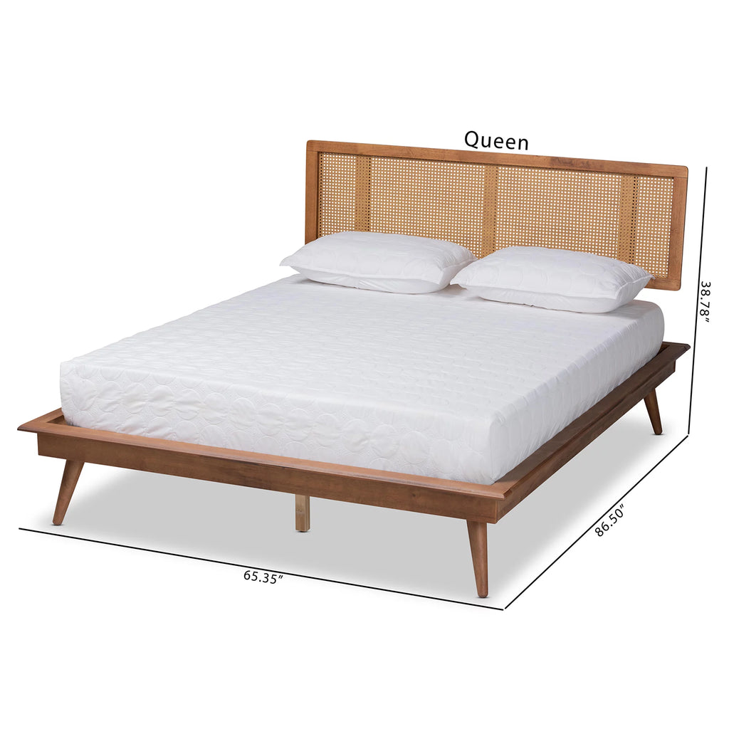 Walnut Brown Wood and Synthetic Rattan Full Size Platform Bed L905