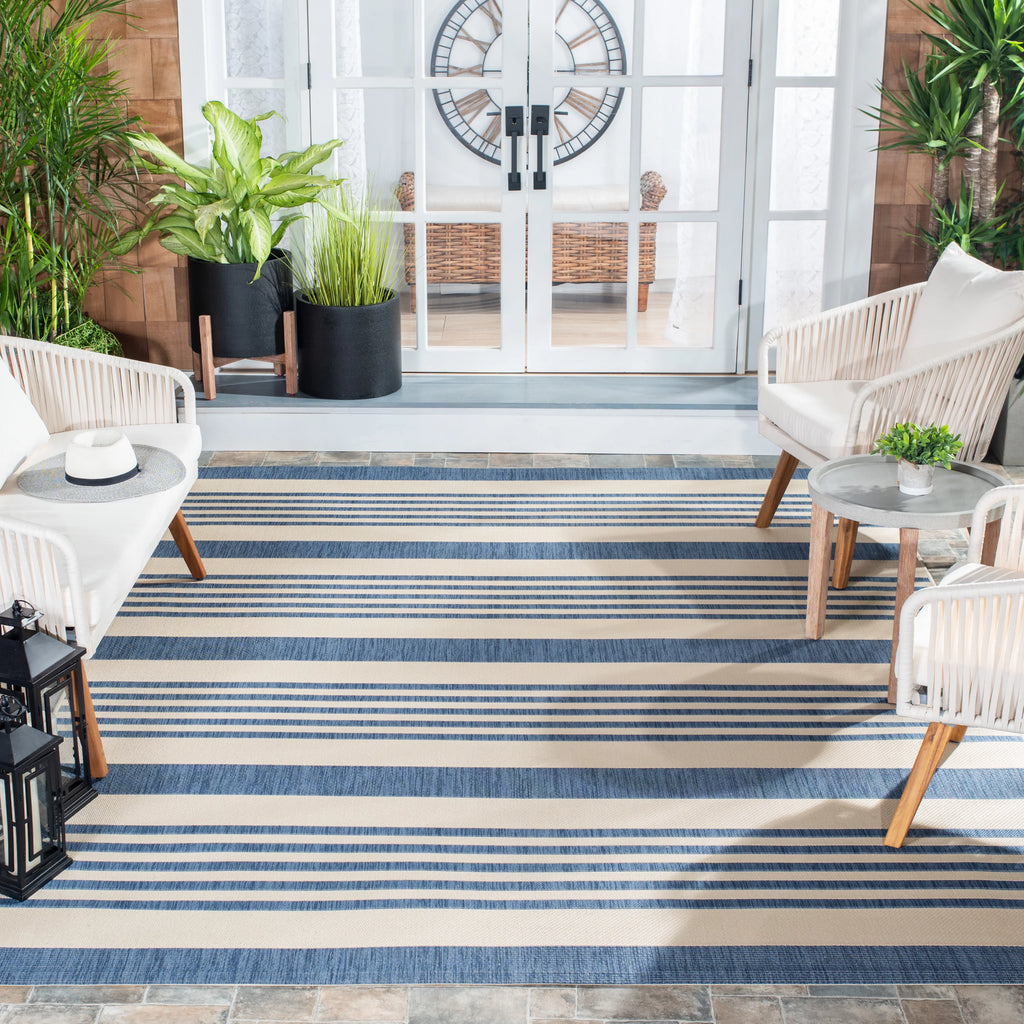 Beige Blue Striped Indoor Outdoor Area Rug 8' x 10' W73200