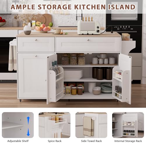 Kitchen Island on Wheels with Storage, Drop Leaf, Power Outlet, Trash Can Storage, Spice Rack, Towel Rack, Drawers N303555