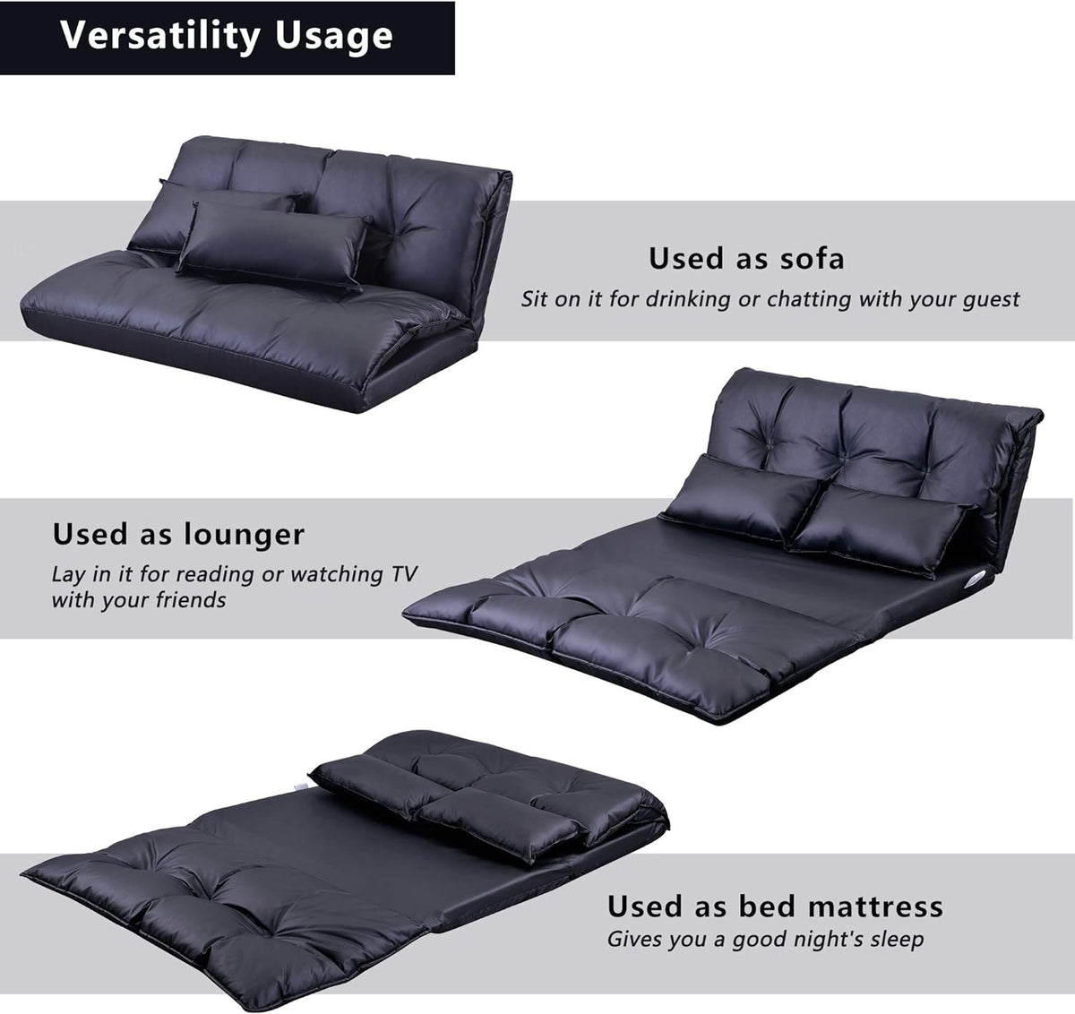 Adjustable Floor Sofa Bed with 2 Pillows, 5 Reclining Position, Black A911