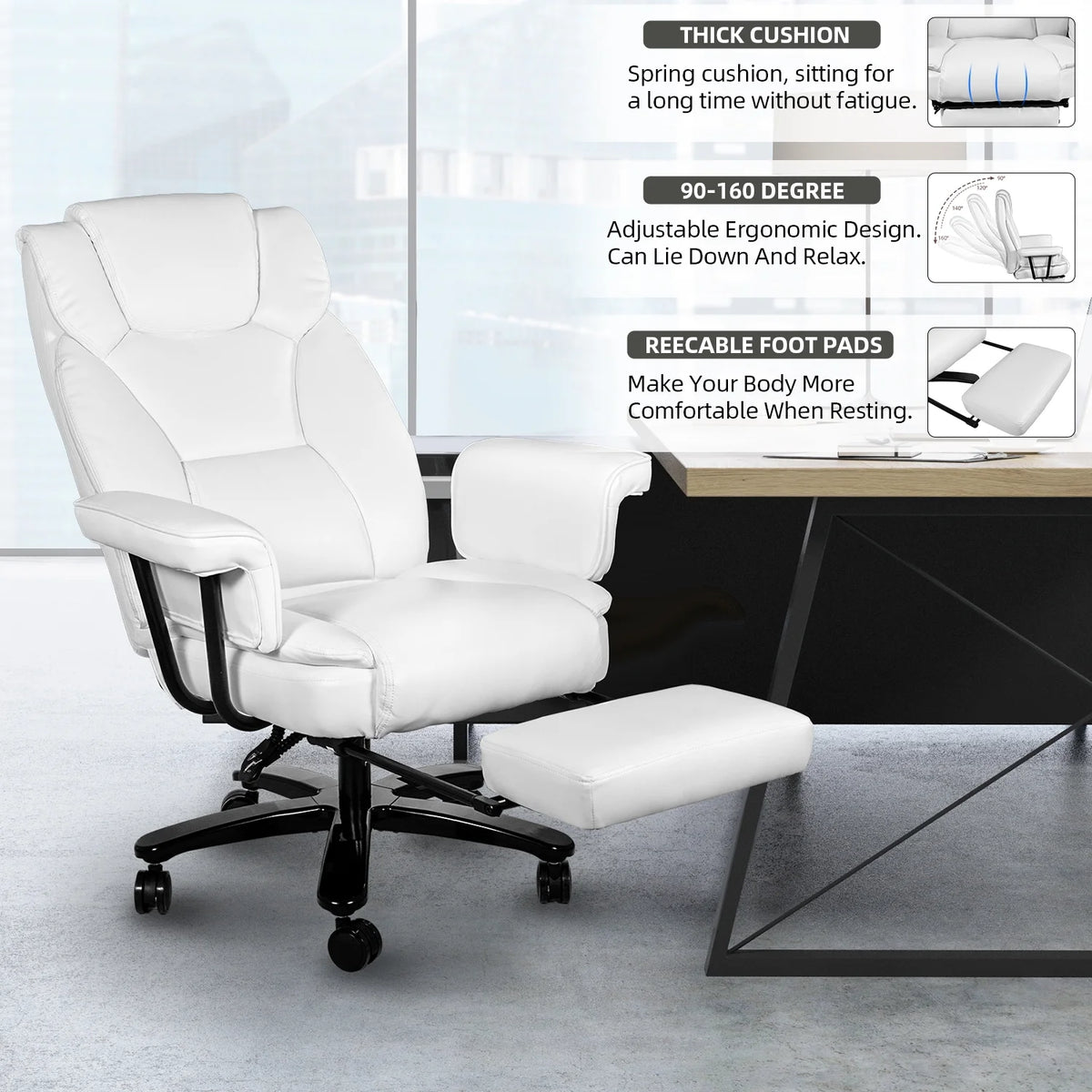 White Ergonomic PU Leather Reclining Office Chair with Footrest K197