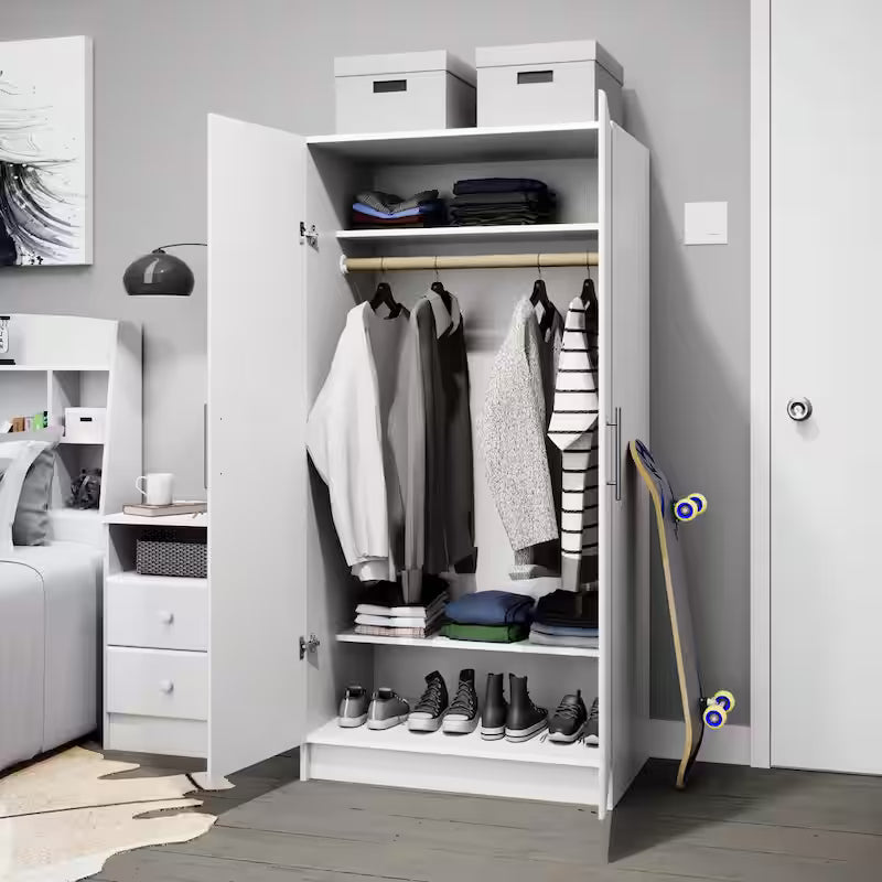 2-Shelf Engineered Wood Freestanding Wardrobe Cabinet in White V81533