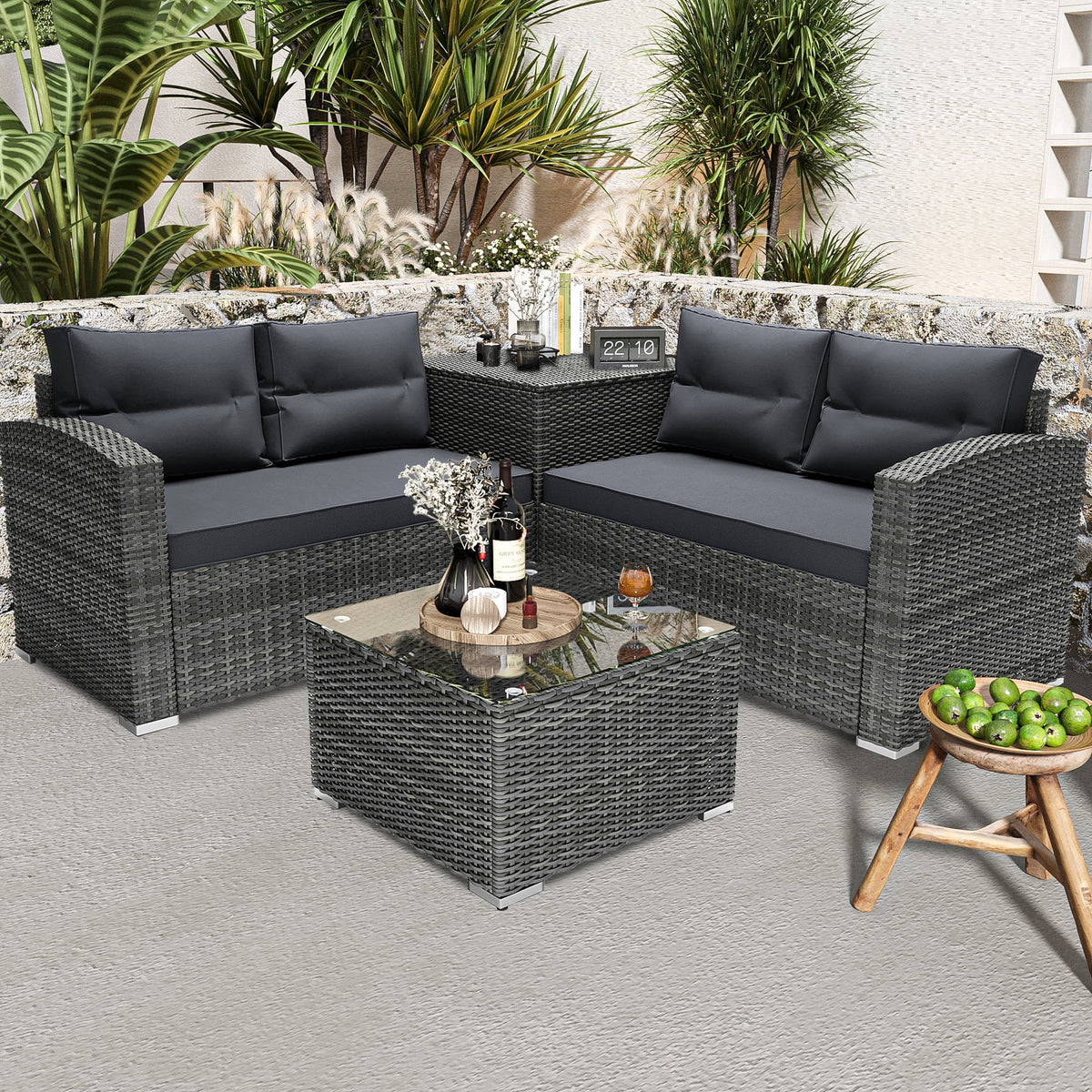 4Pcs All-Weather Rattan Wicker Patio Furniture Set with Storage Box & Table O595003