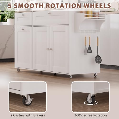 Kitchen Island on Wheels with Storage, Drop Leaf, Power Outlet, Trash Can Storage, Spice Rack, Towel Rack, Drawers N303555