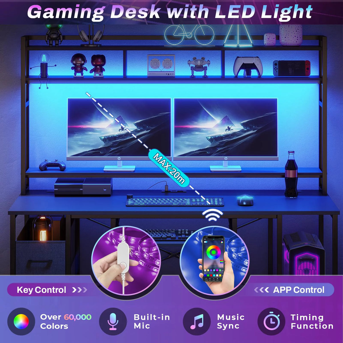 Black 55" Gaming Desk with Drawer and Monitor Stand N9349