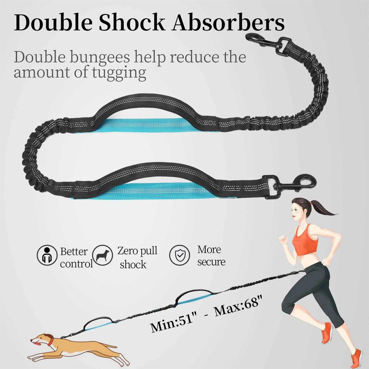Hands Free Dog Leash with Zipper Pouch, Dual Padded Handles and Durable Bungee V2323