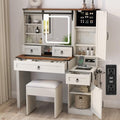 White 42" Glass Tabletop Vanity Desk with Mirror and Lights, 4 Drawers Q662