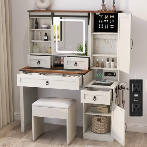 White 42" Glass Tabletop Vanity Desk with Mirror and Lights, 4 Drawers Q662