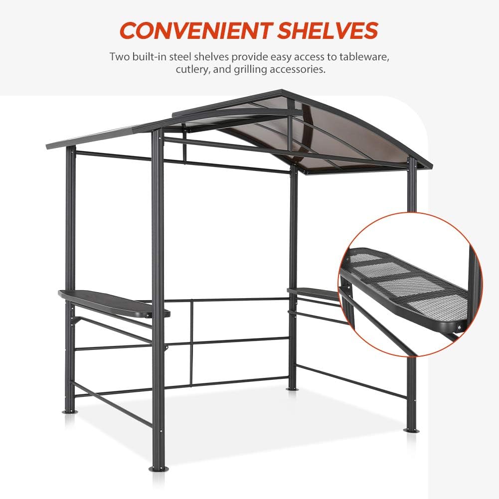 8'x5' Steel Frame Double-Tier Polycarbonate Top Grill Gazebo with Shelves I4490