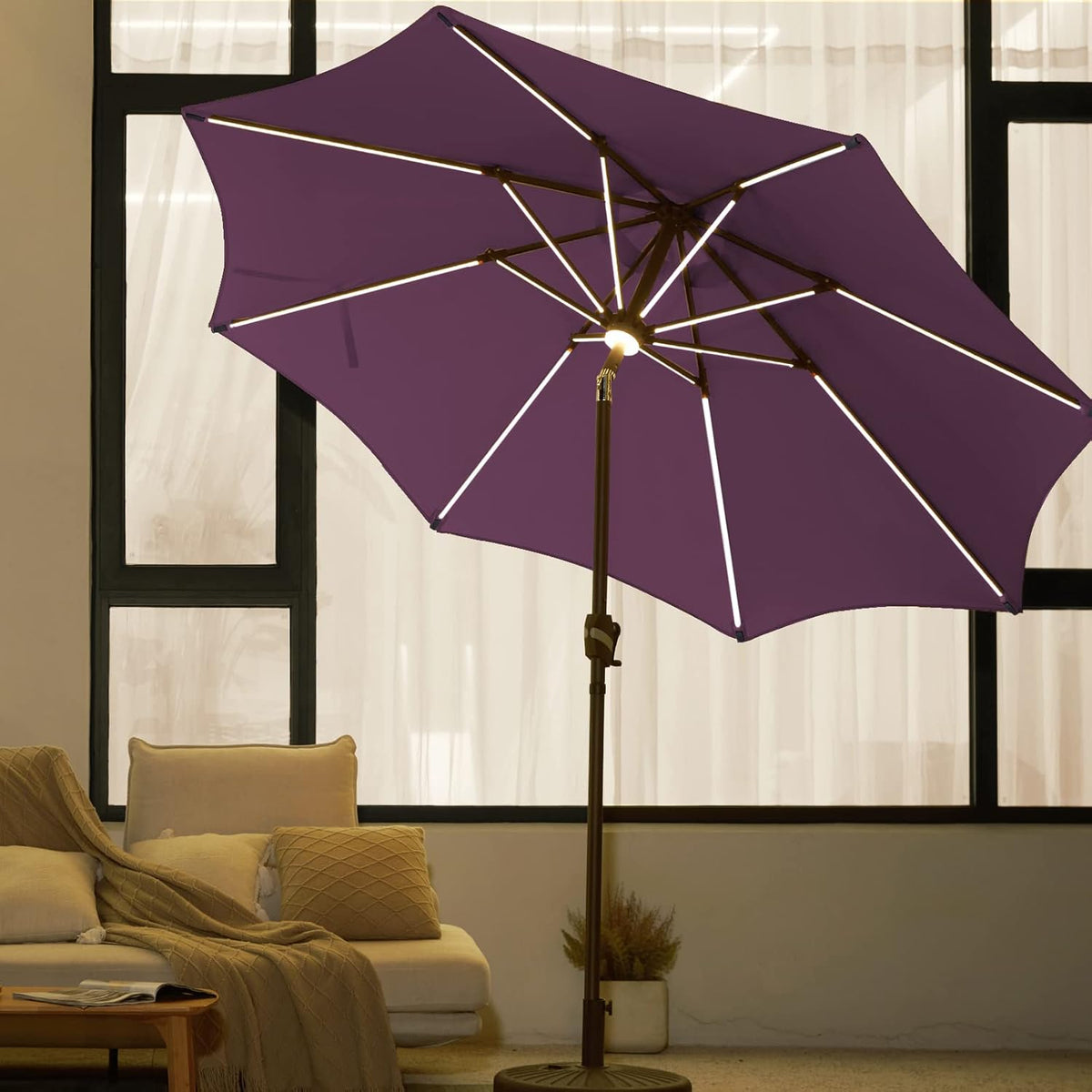 9 FT Solar LED Patio Umbrella with 16 LED Strip Lights I711