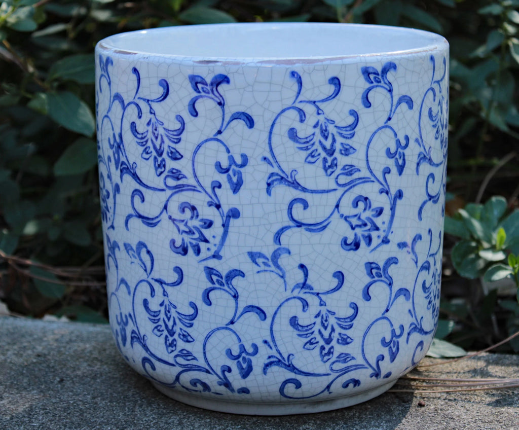 Blue and white ceramic cylindrical garden pot or planter V326