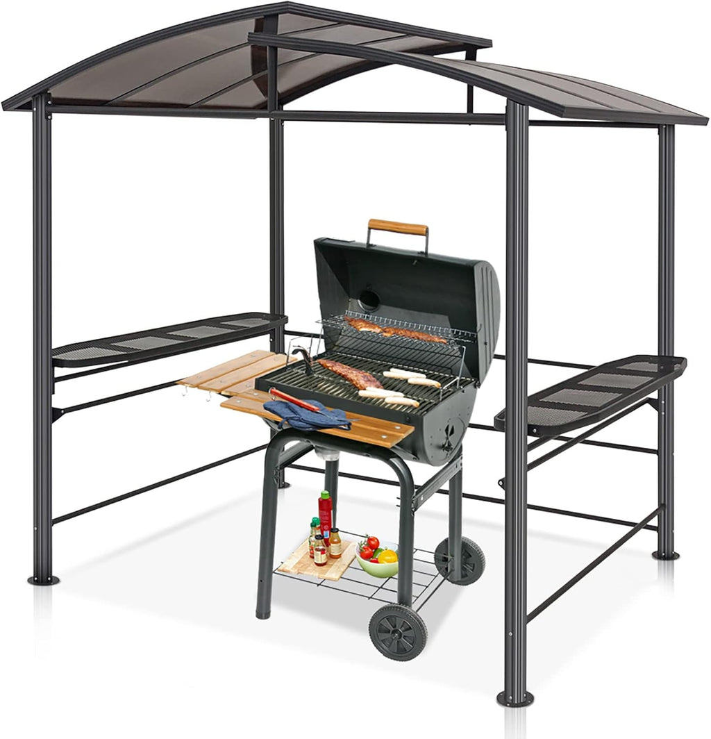 8'x5' Steel Frame Double-Tier Polycarbonate Top Grill Gazebo with Shelves I4490