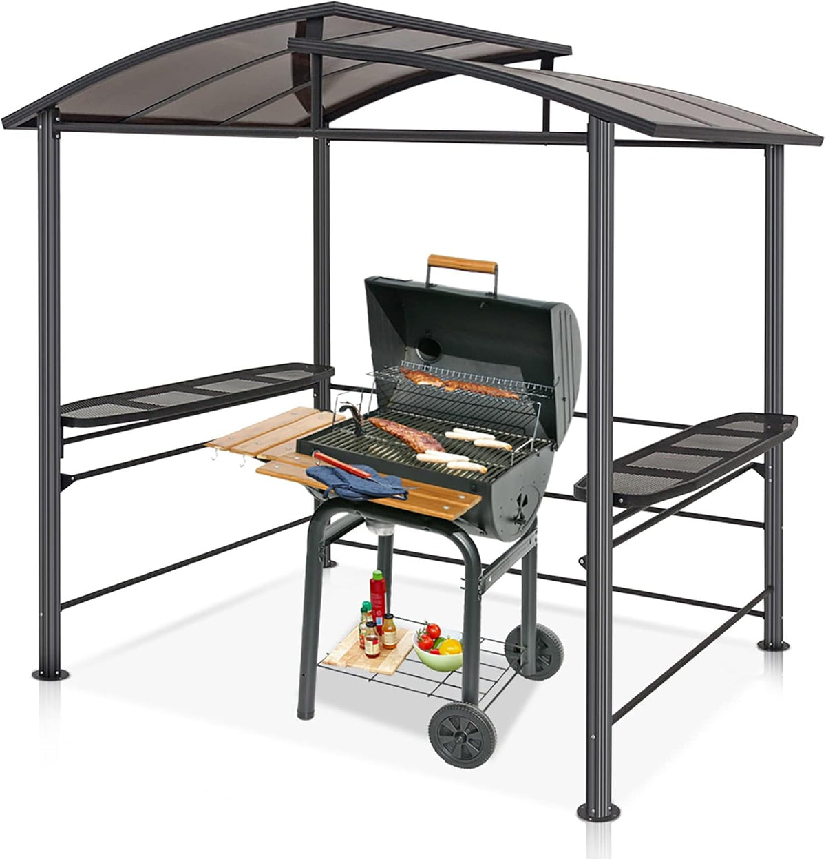 8'x5' Steel Frame Double-Tier Polycarbonate Top Grill Gazebo with Shelves I4490