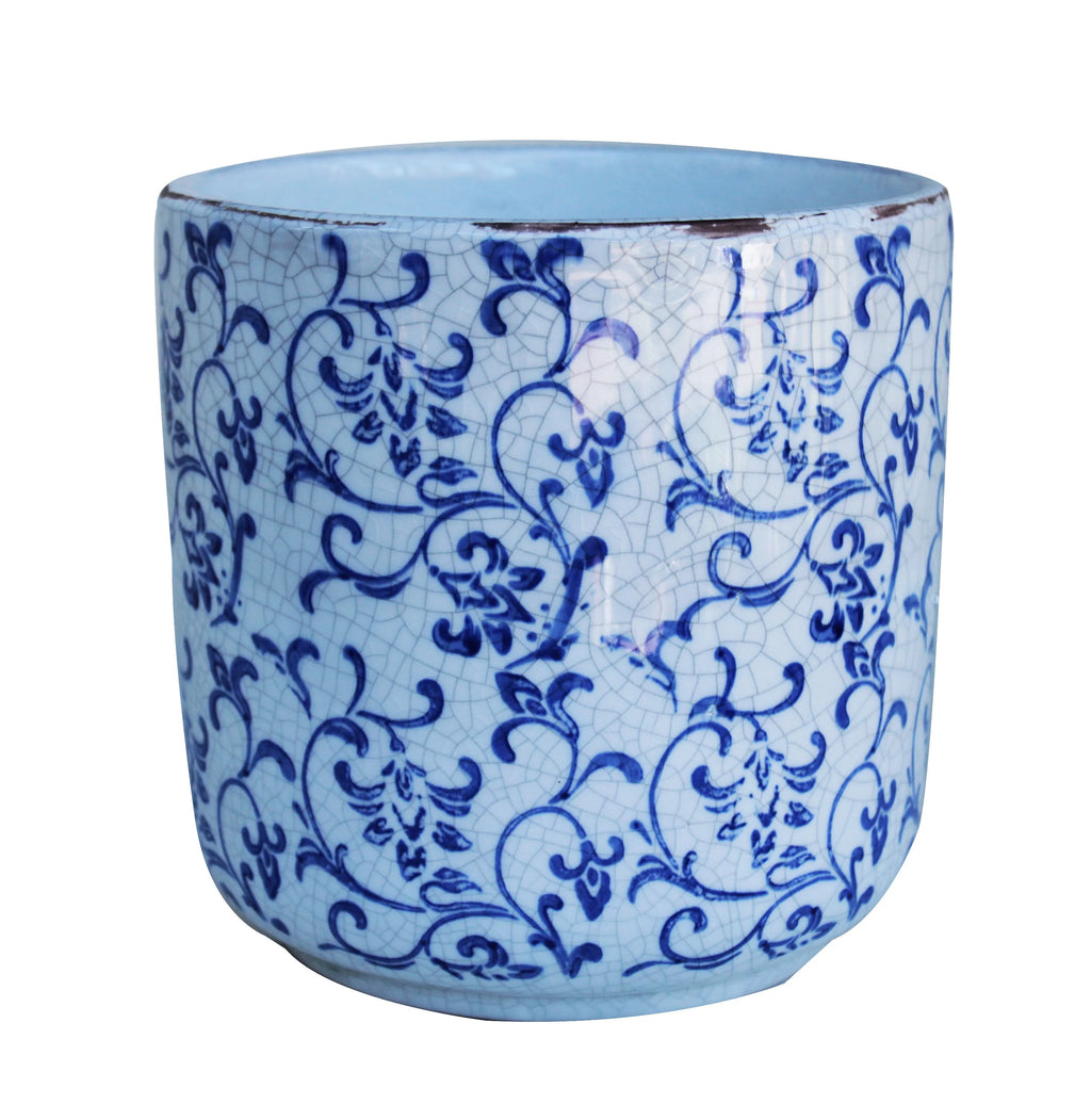 Blue and white ceramic cylindrical garden pot or planter V326