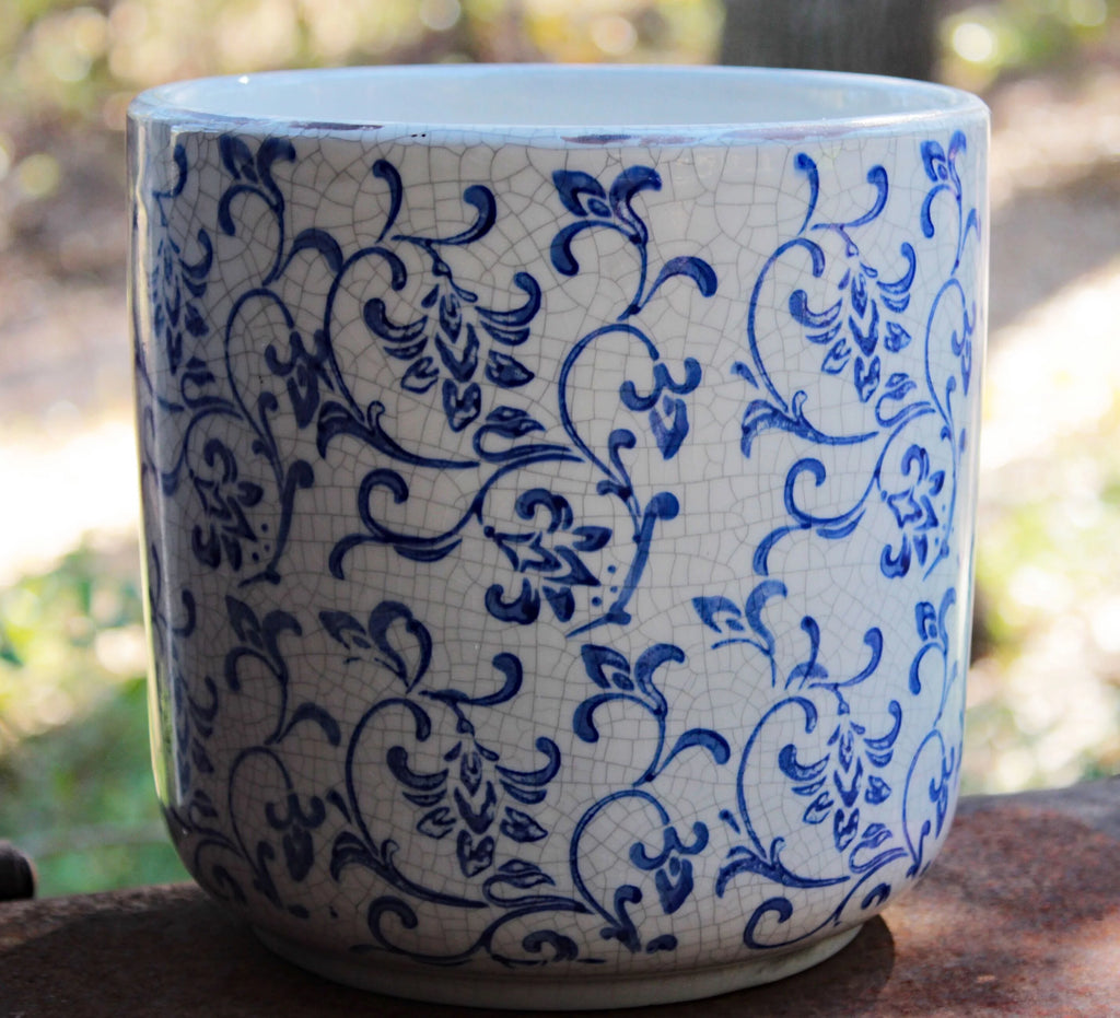 Blue and white ceramic cylindrical garden pot or planter V326