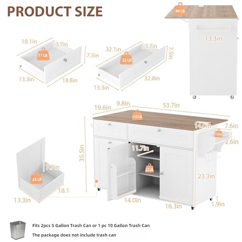 Kitchen Island on Wheels with Storage, Drop Leaf, Power Outlet, Trash Can Storage, Spice Rack, Towel Rack, Drawers N303555
