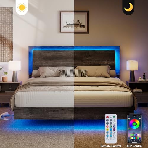 Rustic Grey Full Size Platform Bed Frame with Headboard and LED Light P580464