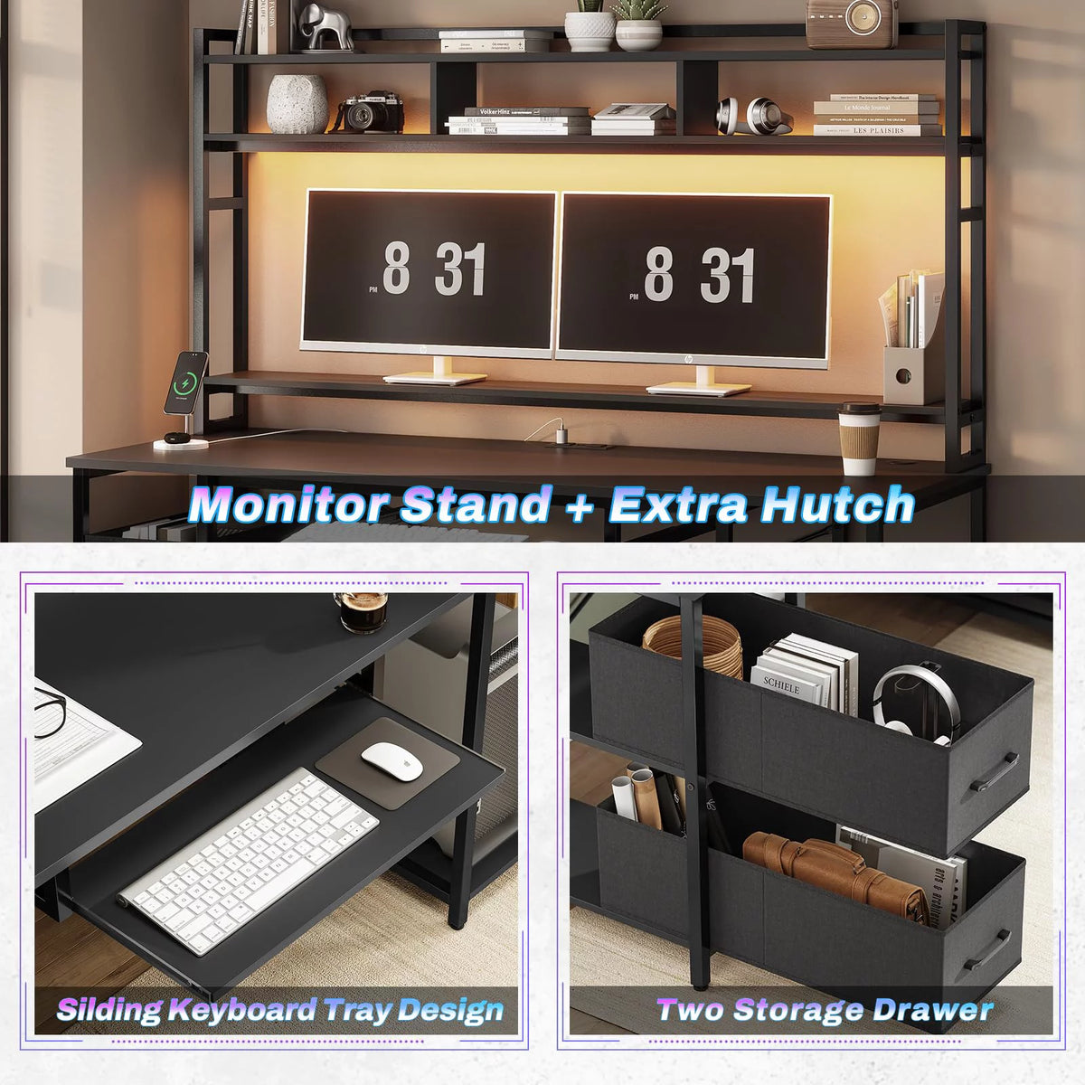 Black 55" Gaming Desk with Drawer and Monitor Stand N9349