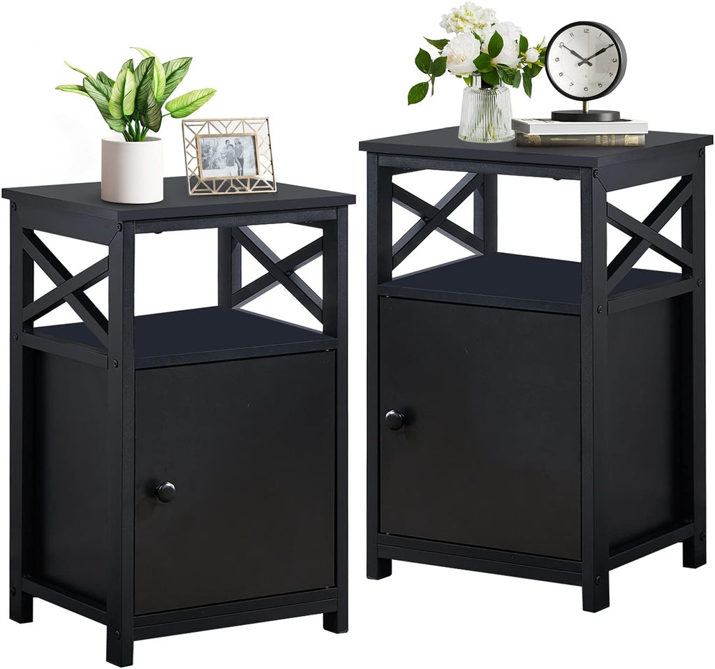 Set of 2 Antique Black Side Table with Storage Cabinet B705