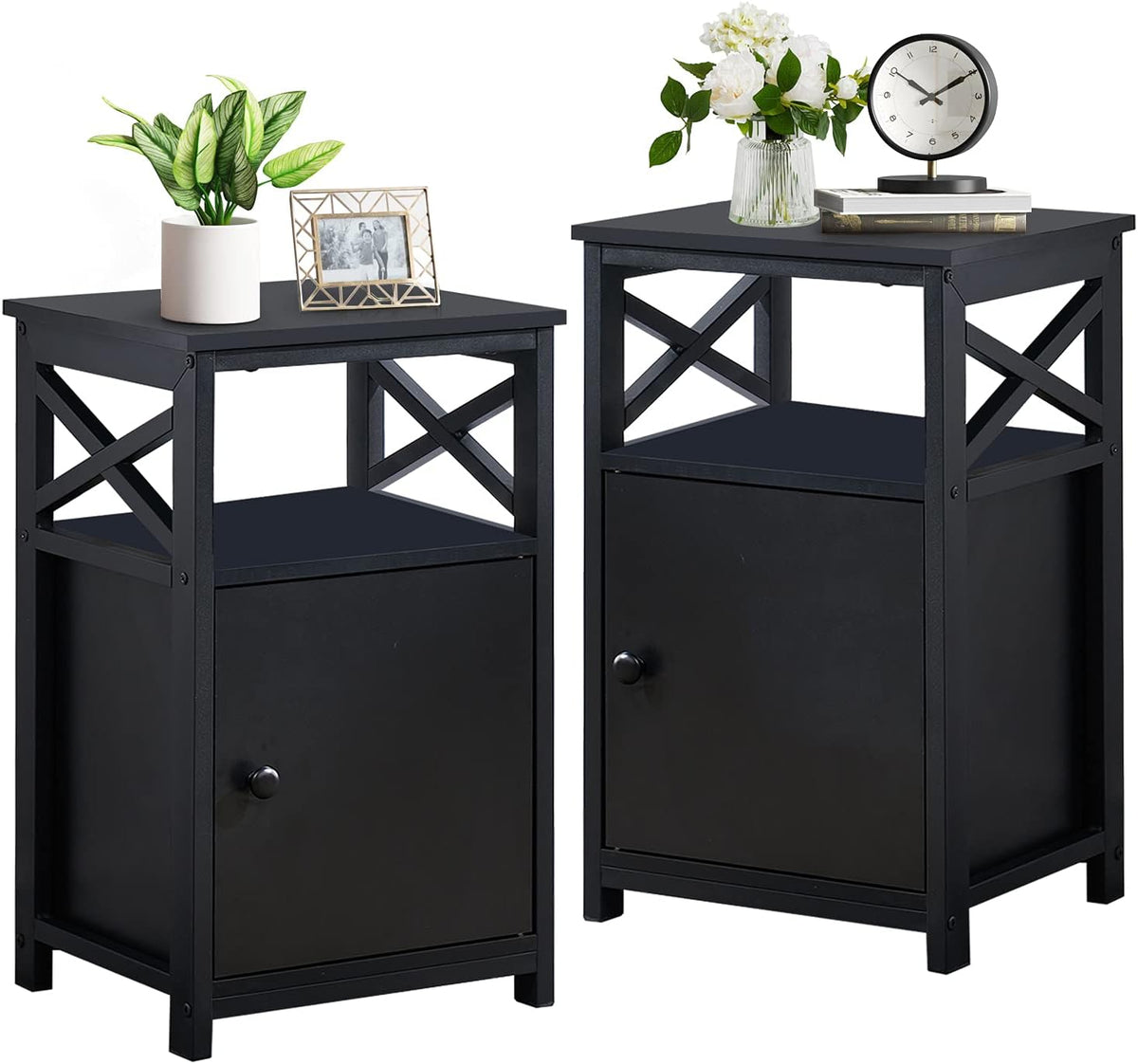 Set of 2 Antique Black Side Table with Storage Cabinet B705