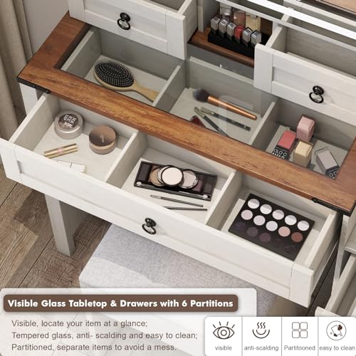 White 42" Glass Tabletop Vanity Desk with Mirror and Lights, 4 Drawers Q662