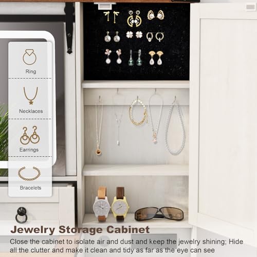 White 42" Glass Tabletop Vanity Desk with Mirror and Lights, 4 Drawers Q662