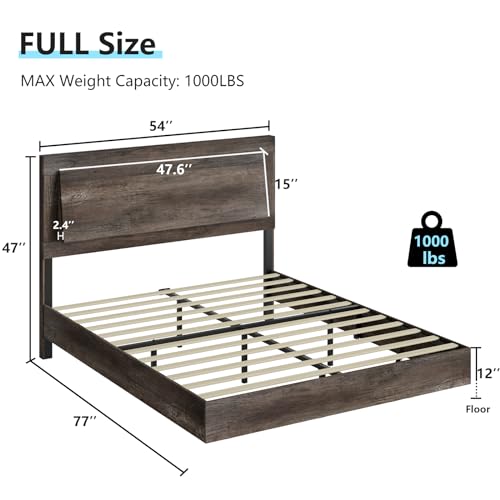 Rustic Grey Full Size Platform Bed Frame with Headboard and LED Light P580464