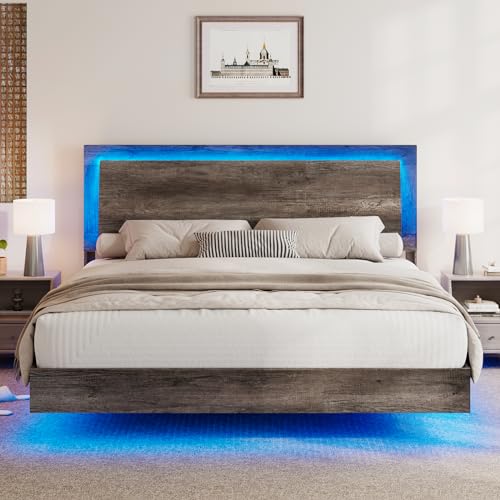 Rustic Grey Full Size Platform Bed Frame with Headboard and LED Light P580464